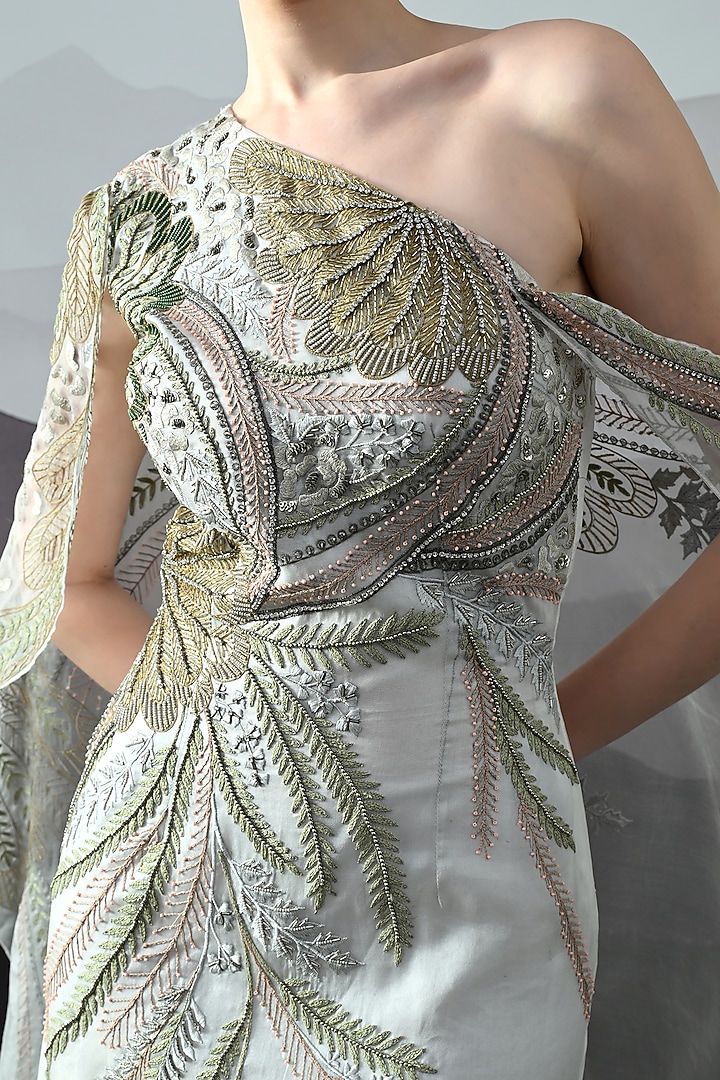 Ivory Organza Hand Embroidered One-Shoulder Wedding Gown by Samant Chauhan at Pernia's Pop Up Shop
