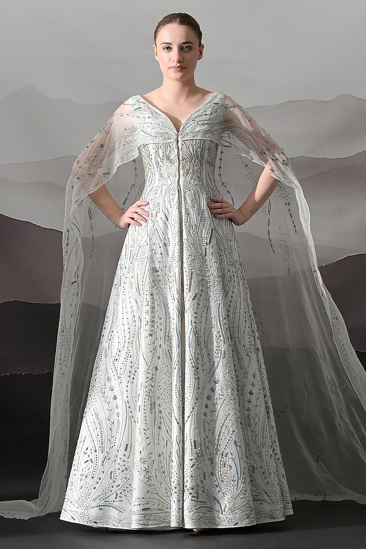 Pearl White Organza Hand Embroidered Structured Bridal Gown by Samant Chauhan at Pernia's Pop Up Shop