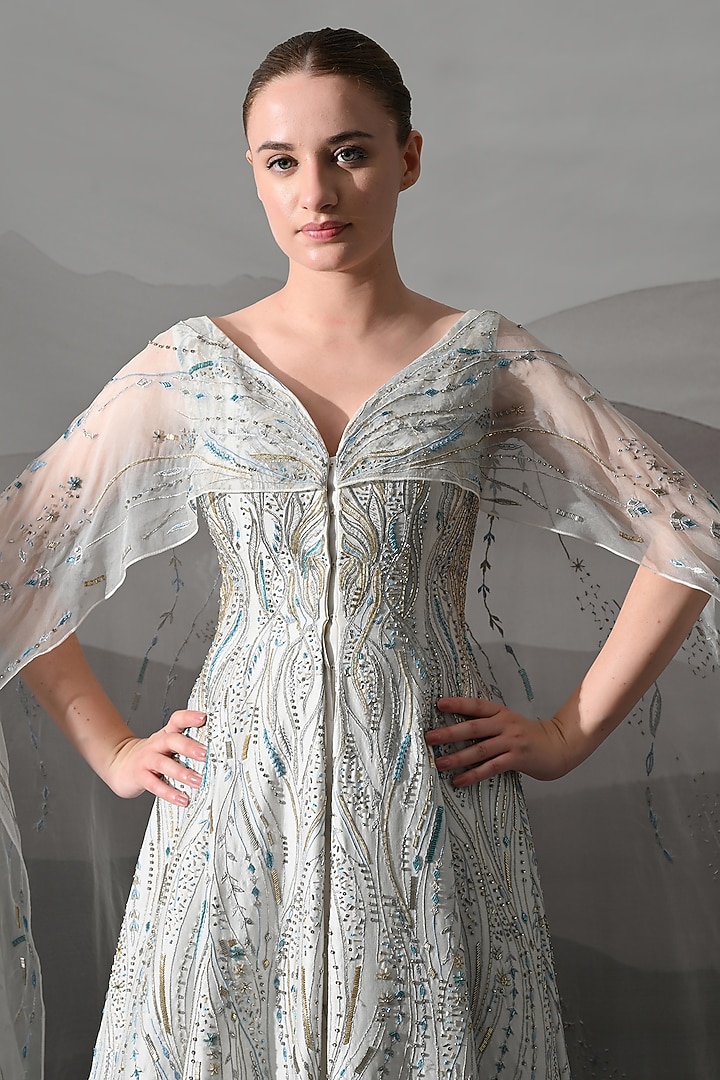 Pearl White Organza Hand Embroidered Structured Bridal Gown by Samant Chauhan at Pernia's Pop Up Shop