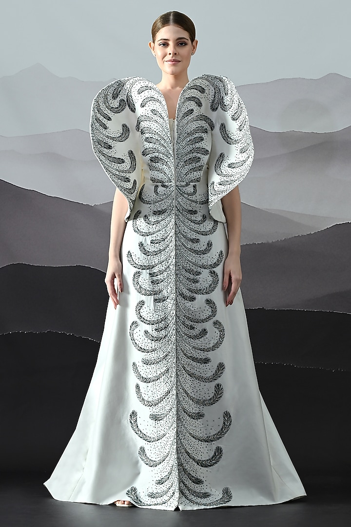 Ivory Cotton Silk Hand Embroidered Asymmetric Wedding Gown by Samant Chauhan at Pernia's Pop Up Shop