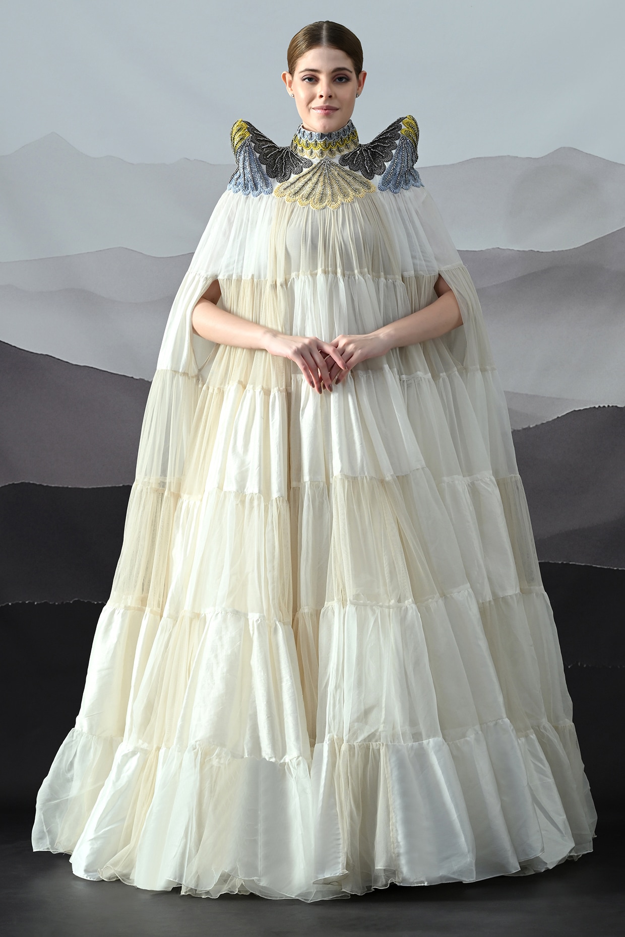 Samant Chauhan Antique Ivory Organza Hand Embroidered Layered Gown