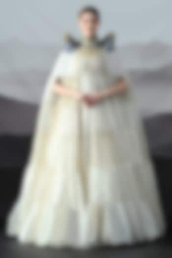 Antique Ivory Organza Hand Embroidered Layered Wedding Gown by Samant Chauhan at Pernia's Pop Up Shop