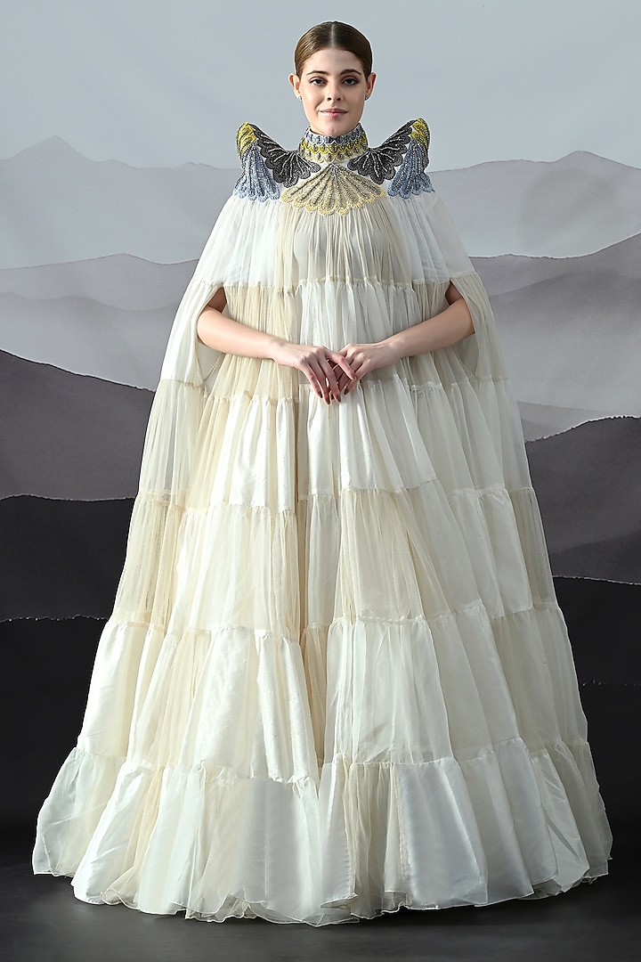 Antique Ivory Organza Hand Embroidered Layered Wedding Gown by Samant Chauhan at Pernia's Pop Up Shop