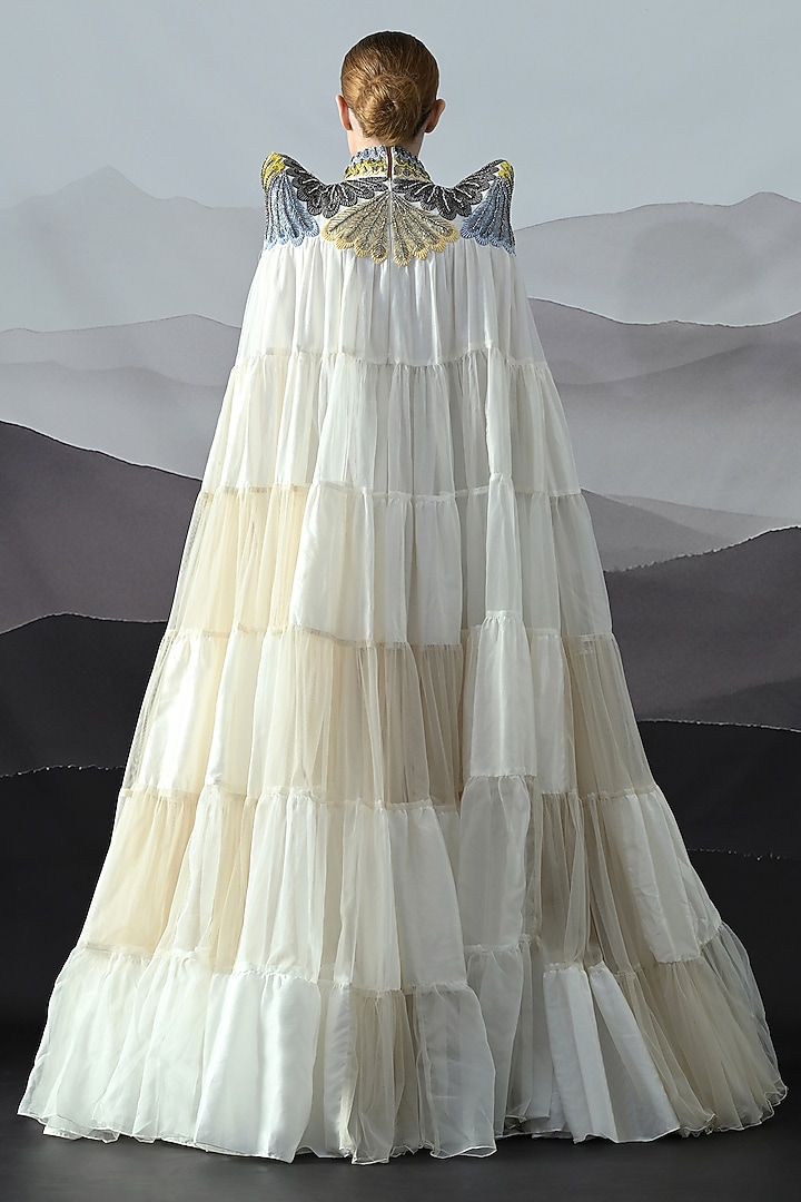 Antique Ivory Organza Hand Embroidered Layered Wedding Gown by Samant Chauhan at Pernia's Pop Up Shop