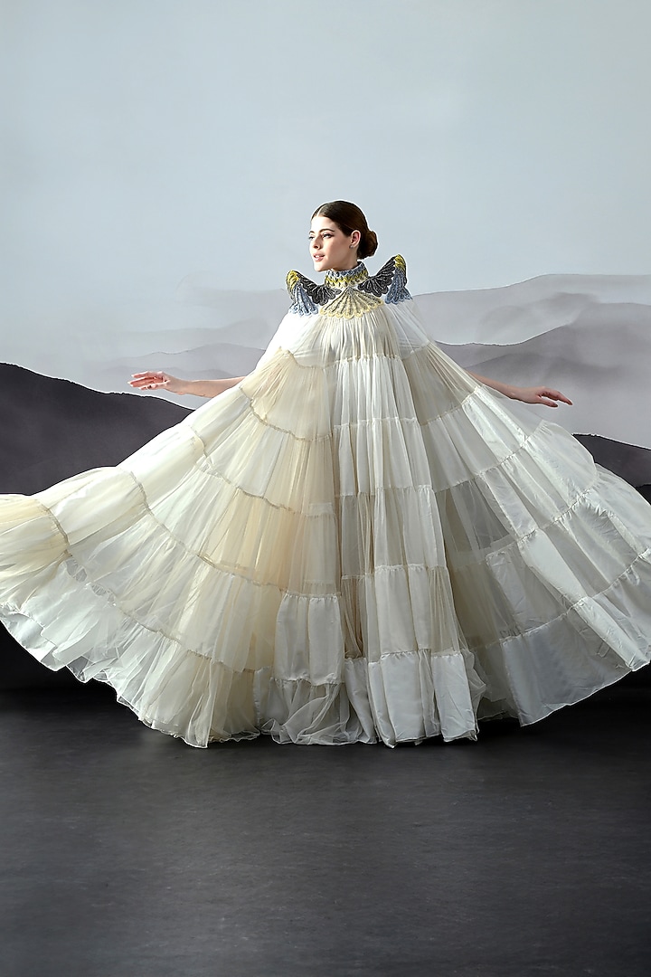 Antique Ivory Organza Hand Embroidered Layered Wedding Gown by Samant Chauhan at Pernia's Pop Up Shop