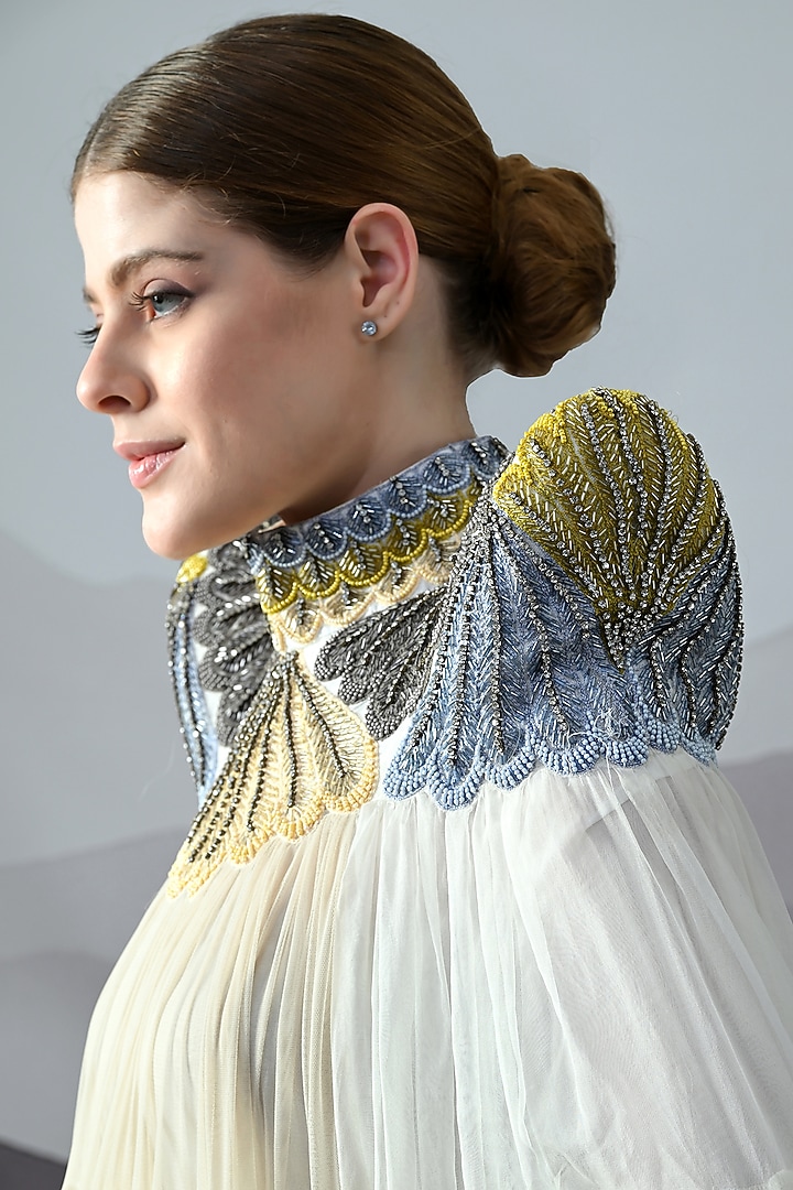 Antique Ivory Organza Hand Embroidered Layered Wedding Gown by Samant Chauhan at Pernia's Pop Up Shop