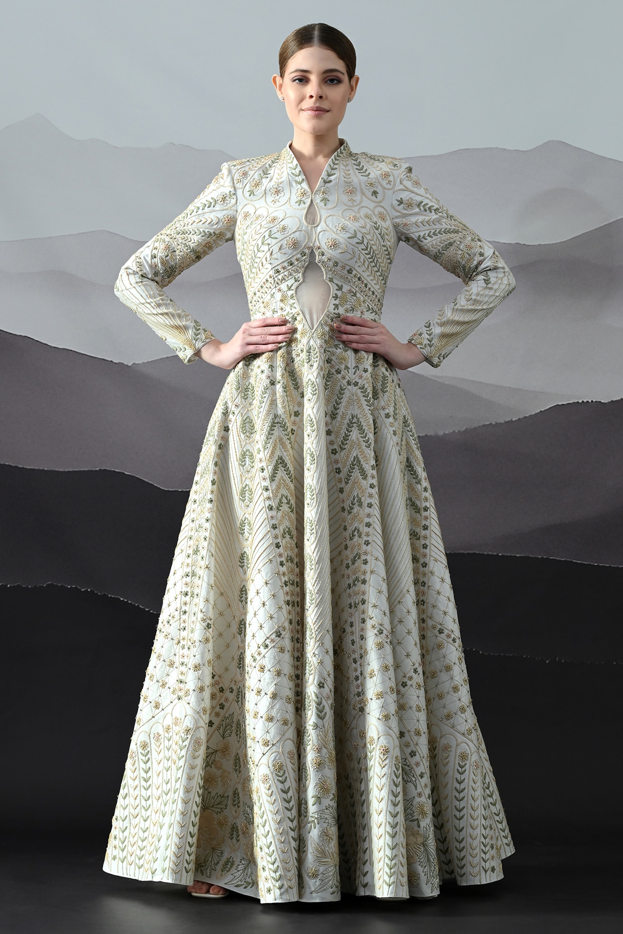Samant Chauhan Pale Ivory Cotton Silk Hand Embroidered Gown
