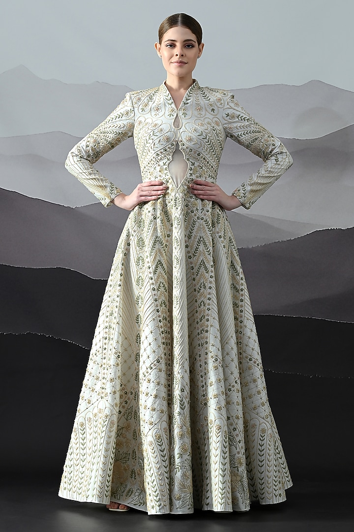 Pale Ivory Cotton Silk Hand Embroidered Bridal Gown by Samant Chauhan at Pernia's Pop Up Shop
