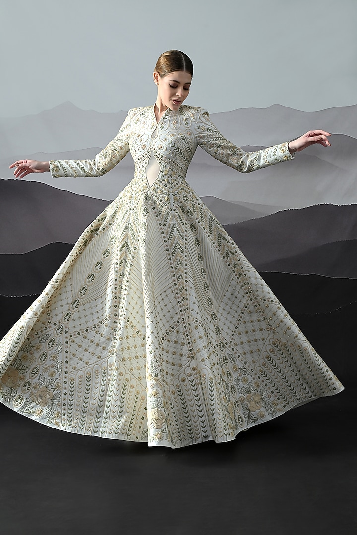 Pale Ivory Cotton Silk Hand Embroidered Bridal Gown by Samant Chauhan at Pernia's Pop Up Shop