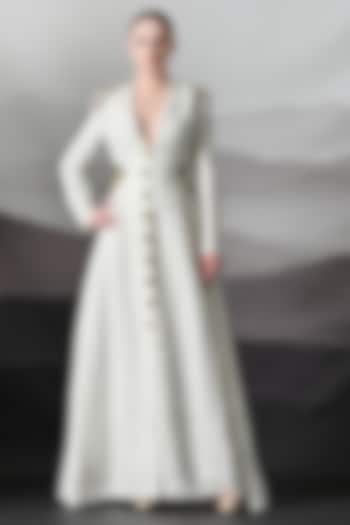 Ivory Linen Embroidered Maxi Party Wear Dress by Samant Chauhan at Pernia's Pop Up Shop