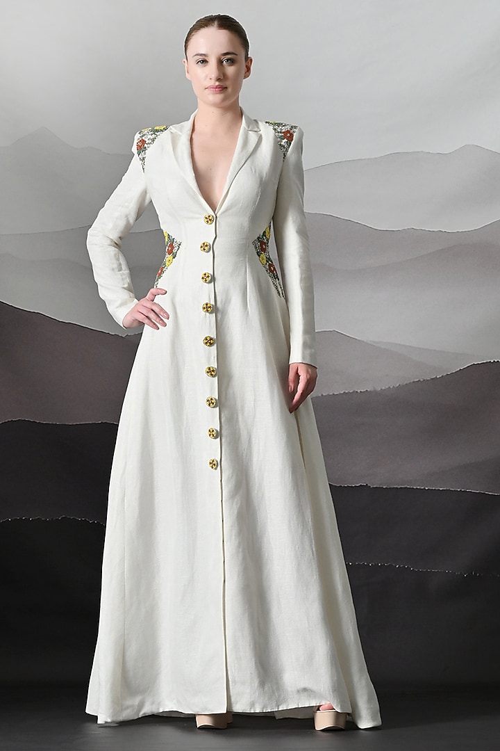 Ivory Linen Embroidered Maxi Party Wear Dress by Samant Chauhan at Pernia's Pop Up Shop