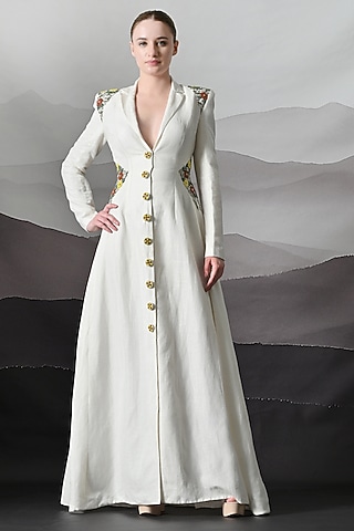 Ivory Linen Embroidered Maxi Dress by Samant Chauhan