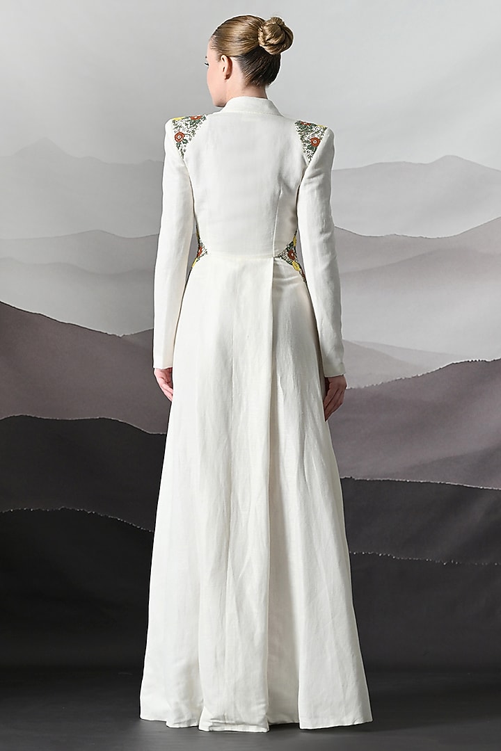 Ivory Linen Embroidered Maxi Party Wear Dress by Samant Chauhan at Pernia's Pop Up Shop