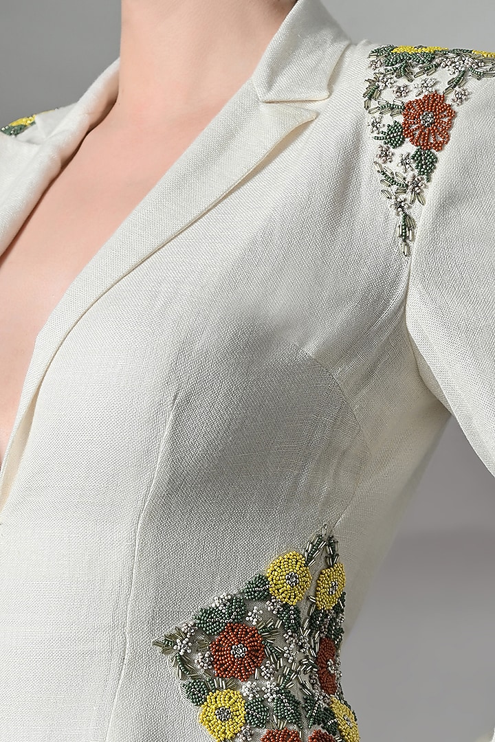 Ivory Linen Embroidered Maxi Party Wear Dress by Samant Chauhan at Pernia's Pop Up Shop