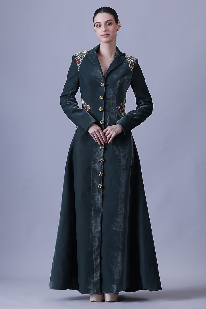 Deep Green Velvet Embroidered Gown by Samant Chauhan at Pernia's Pop Up Shop