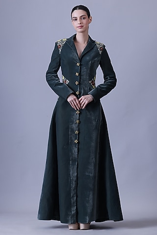 Deep Green Velvet Embroidered Gown by Samant Chauhan