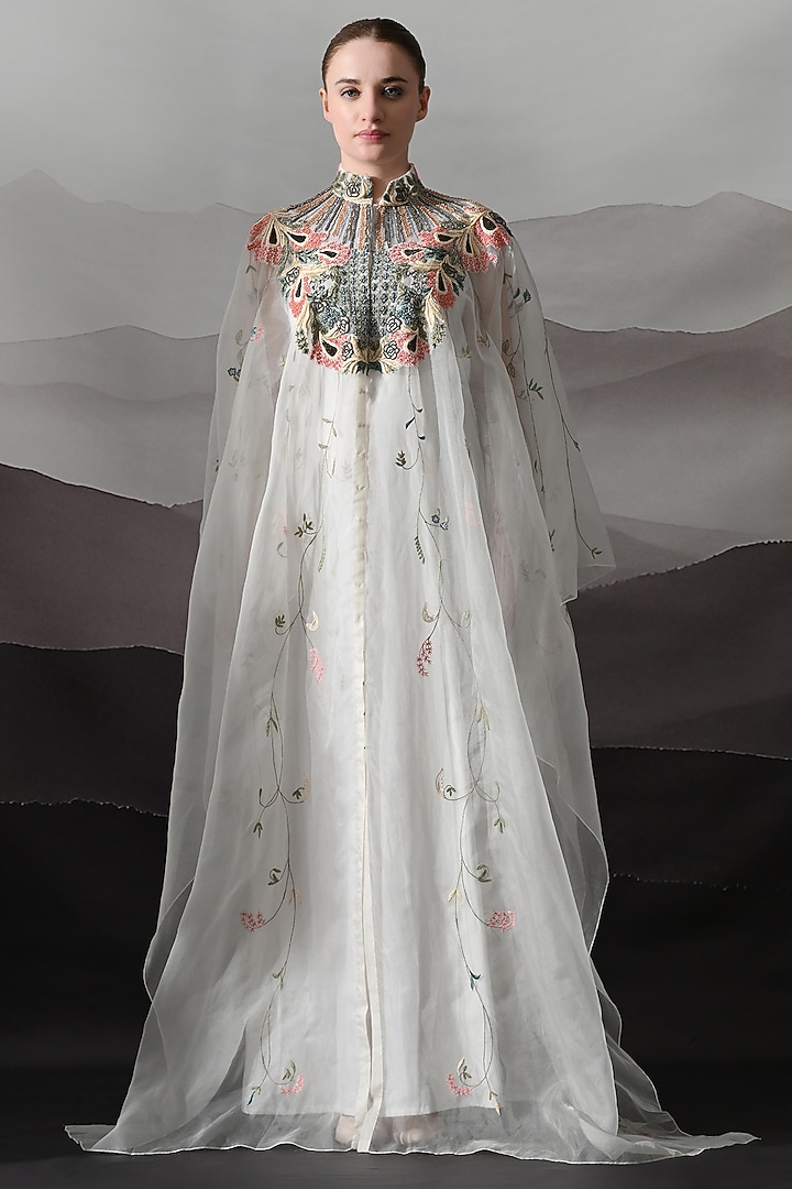 Ivory Organza Embroidered Sheer Kaftan by Samant Chauhan at Pernia's Pop Up Shop