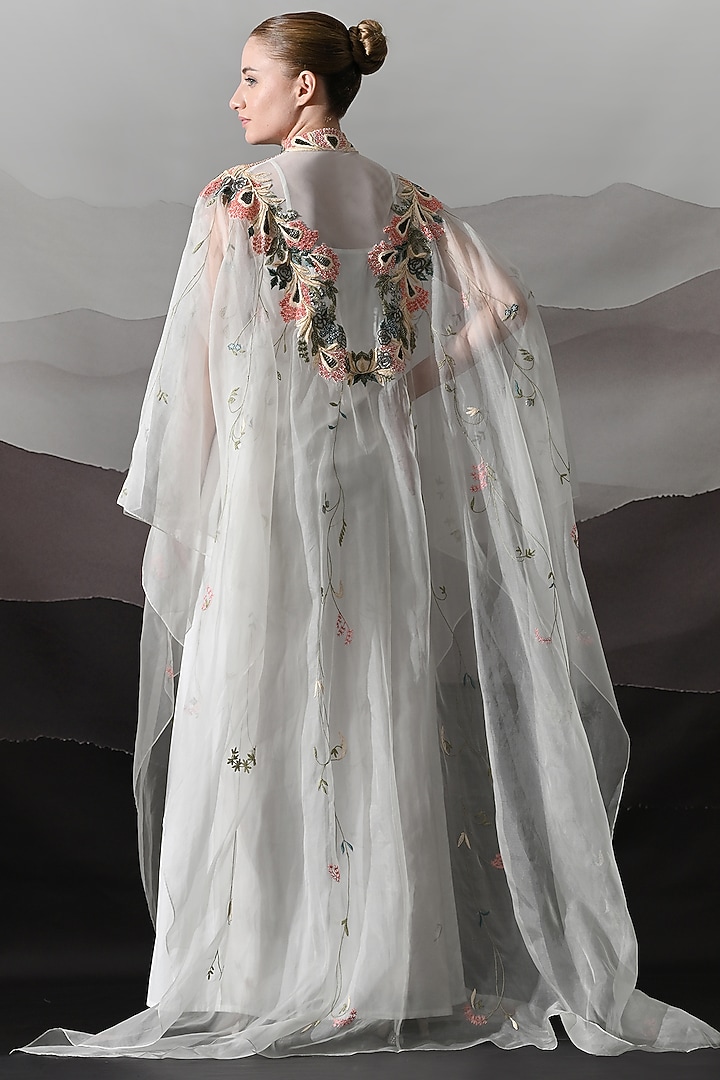 Ivory Organza Embroidered Sheer Kaftan by Samant Chauhan at Pernia's Pop Up Shop