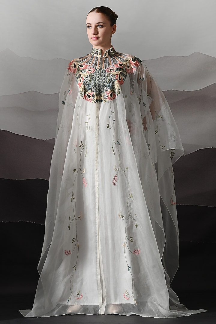 Ivory Organza Embroidered Sheer Kaftan by Samant Chauhan at Pernia's Pop Up Shop