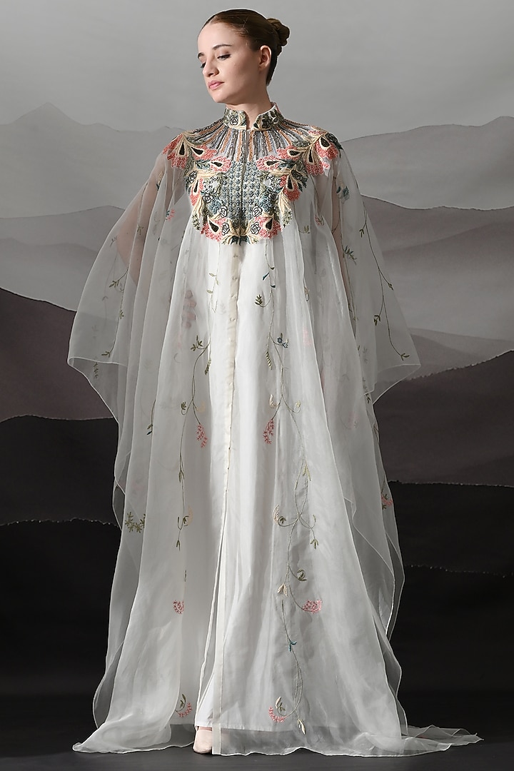 Ivory Organza Embroidered Sheer Kaftan by Samant Chauhan at Pernia's Pop Up Shop