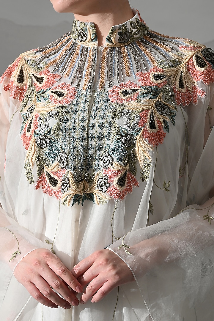 Ivory Organza Embroidered Sheer Kaftan by Samant Chauhan at Pernia's Pop Up Shop