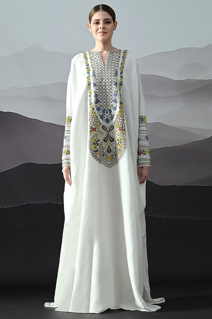 Ivory Organza Floral Hand Embroidered Sheer Kaftan by Samant Chauhan at Pernia's Pop Up Shop