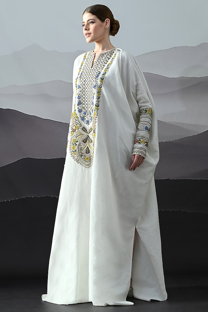 Ivory Organza Floral Hand Embroidered Sheer Kaftan by Samant Chauhan at Pernia's Pop Up Shop