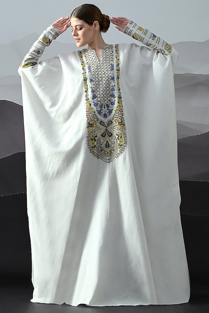Ivory Organza Floral Hand Embroidered Sheer Kaftan by Samant Chauhan at Pernia's Pop Up Shop