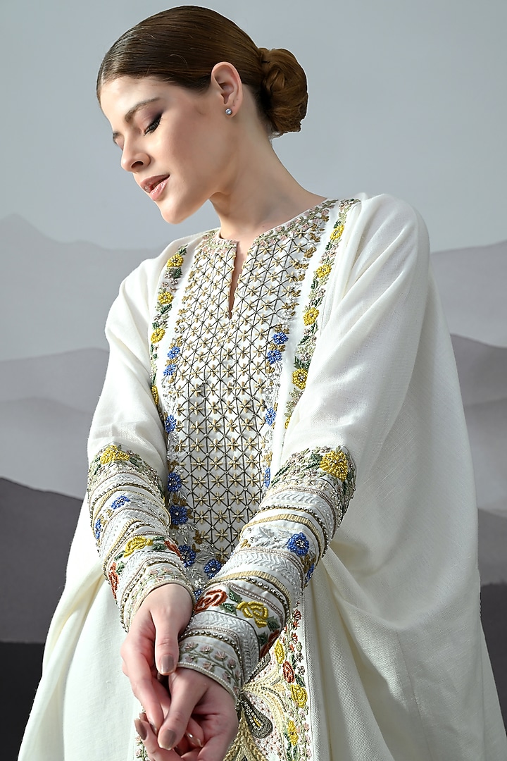 Ivory Organza Floral Hand Embroidered Sheer Kaftan by Samant Chauhan at Pernia's Pop Up Shop