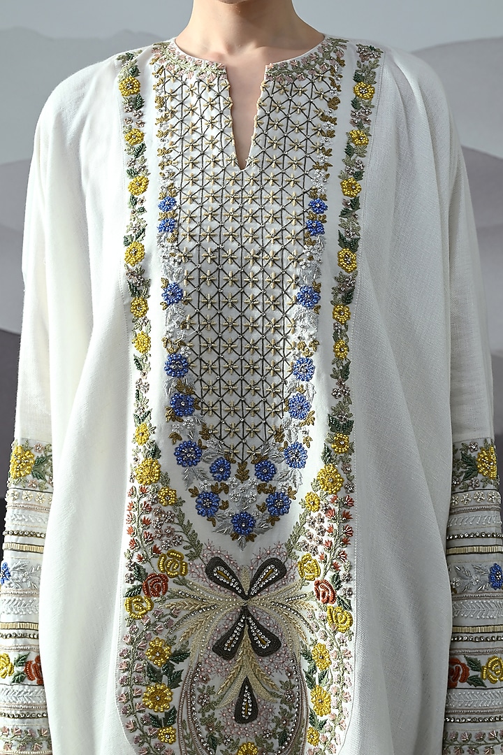 Ivory Organza Floral Hand Embroidered Sheer Kaftan by Samant Chauhan at Pernia's Pop Up Shop