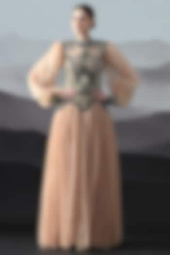 Soft Peach Organza Embroidered Gathered Wedding Gown by Samant Chauhan at Pernia's Pop Up Shop