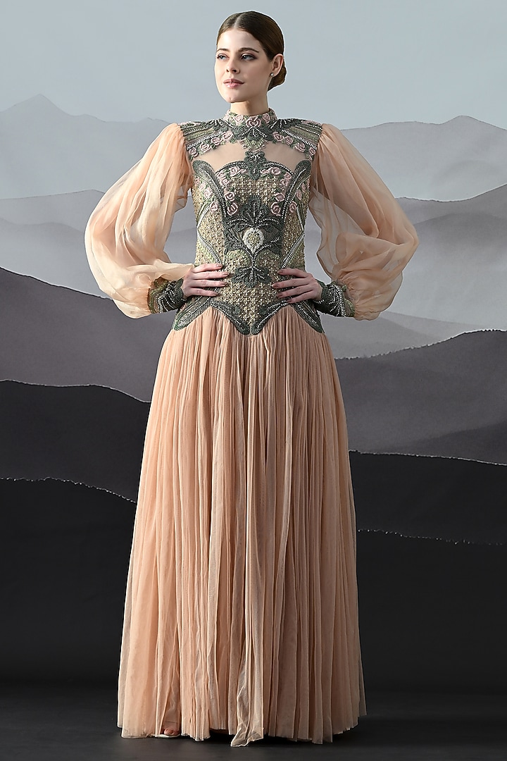 Soft Peach Organza Embroidered Gathered Wedding Gown by Samant Chauhan at Pernia's Pop Up Shop