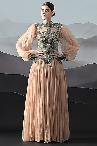 Soft Peach Organza Embroidered Gathered Gown by Samant Chauhan