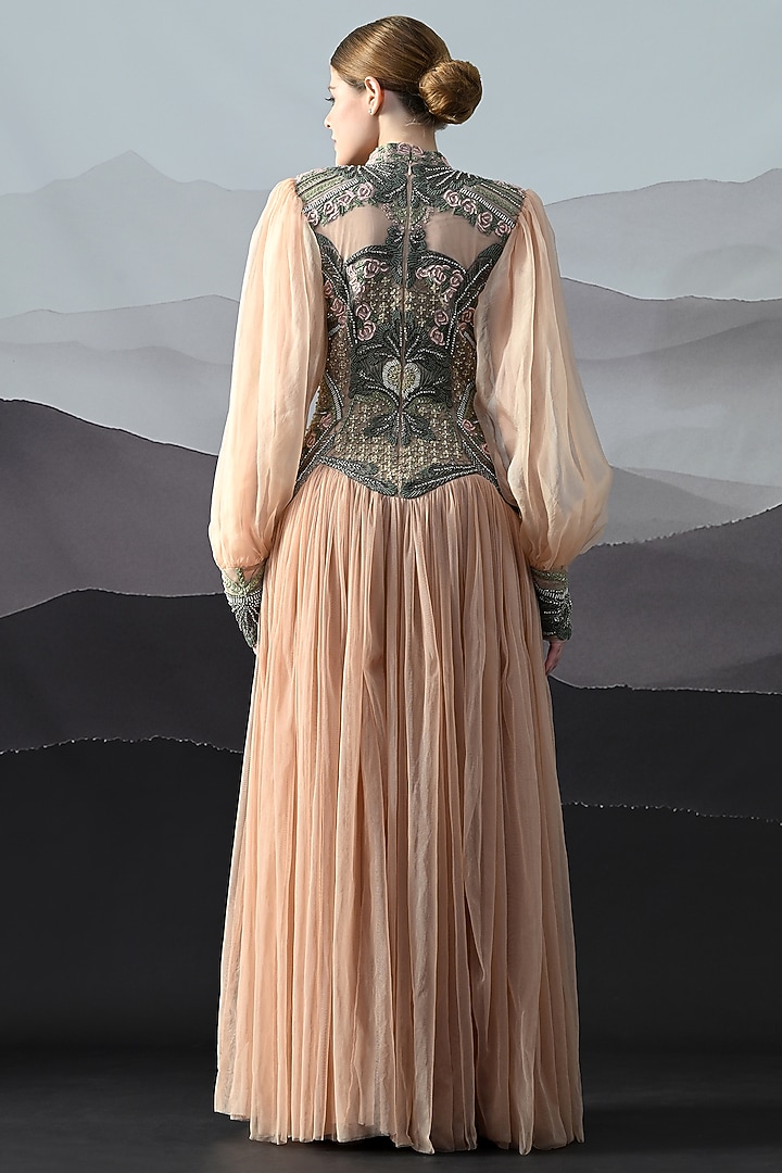 Soft Peach Organza Embroidered Gathered Wedding Gown by Samant Chauhan at Pernia's Pop Up Shop