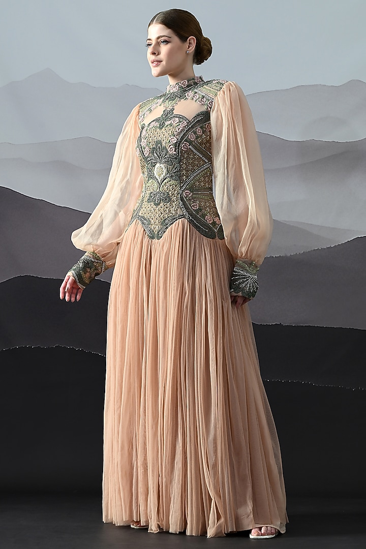 Soft Peach Organza Embroidered Gathered Wedding Gown by Samant Chauhan at Pernia's Pop Up Shop