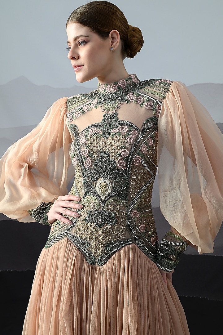 Soft Peach Organza Embroidered Gathered Wedding Gown by Samant Chauhan at Pernia's Pop Up Shop