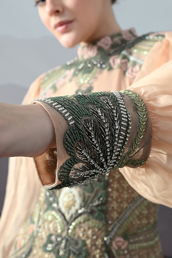 Soft Peach Organza Embroidered Gathered Wedding Gown by Samant Chauhan at Pernia's Pop Up Shop