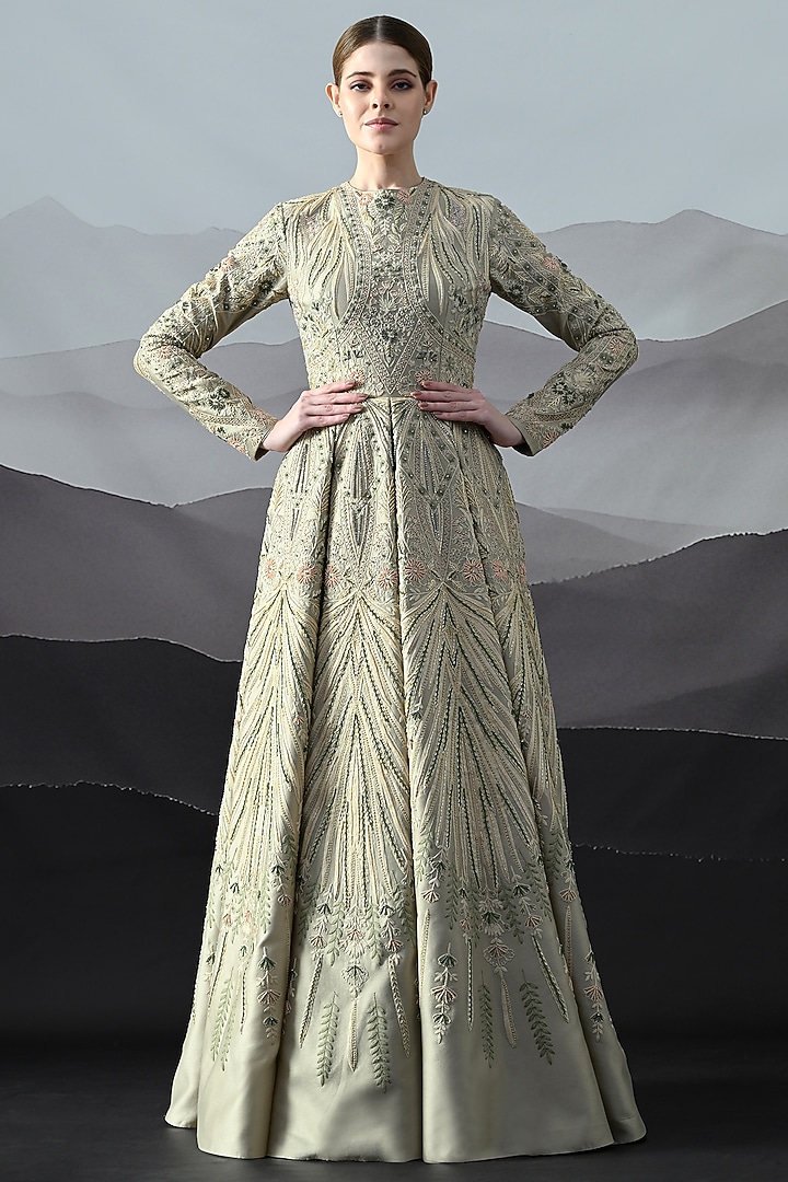 Grey Cotton Silk Motif Embroidered Structured Bridal Gown by Samant Chauhan at Pernia's Pop Up Shop