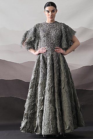 Grey Linen Layered Gown by Samant Chauhan