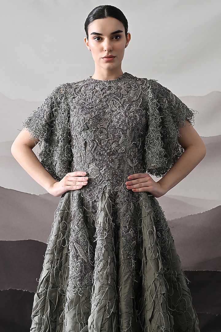 Grey Linen Layered Bridal Gown by Samant Chauhan at Pernia's Pop Up Shop