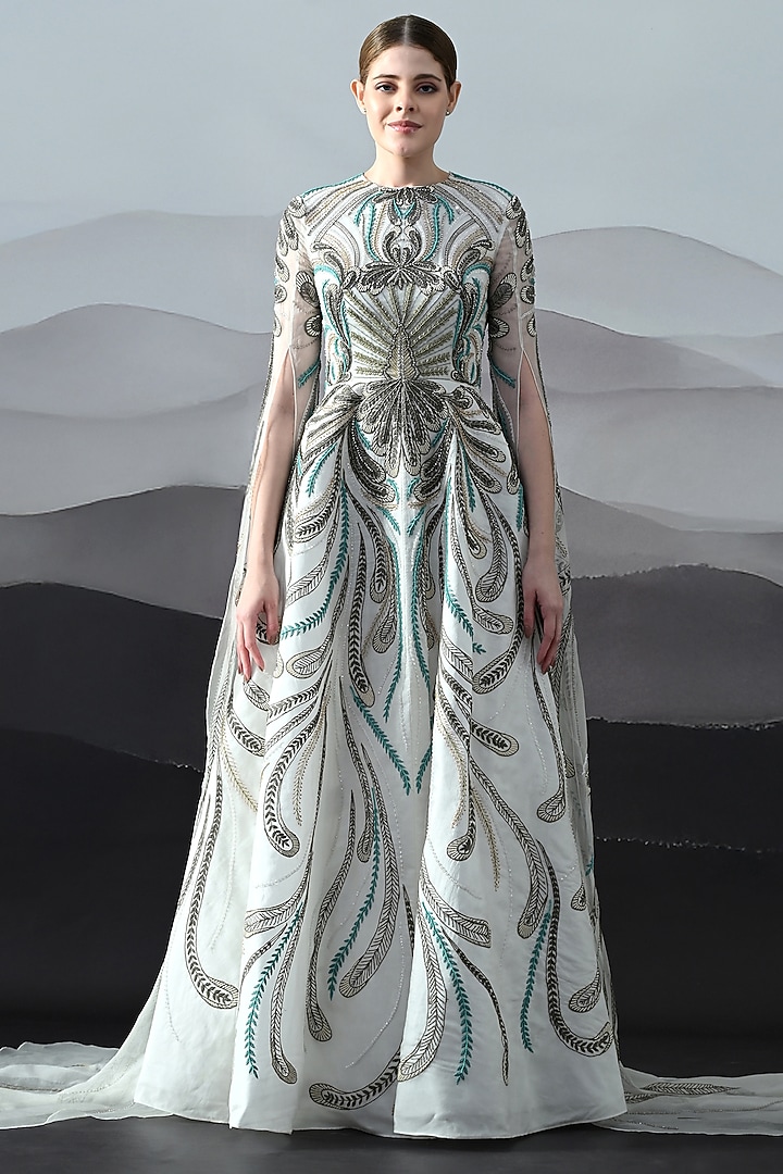 Ivory Organza & Cotton Silk Embroidered Wedding Gown by Samant Chauhan at Pernia's Pop Up Shop