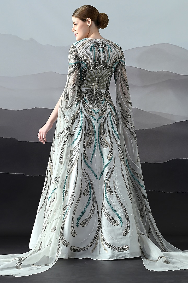 Ivory Organza & Cotton Silk Embroidered Wedding Gown by Samant Chauhan at Pernia's Pop Up Shop