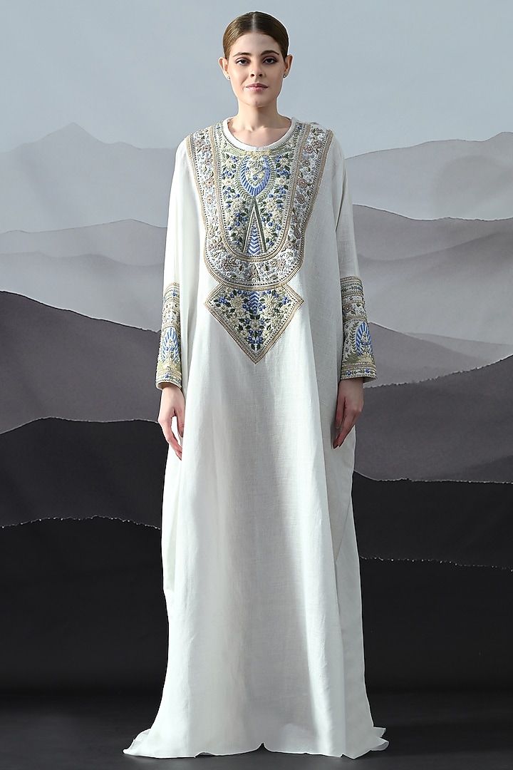 Ivory Linen Silk Embroidered Kaftan by Samant Chauhan at Pernia's Pop Up Shop