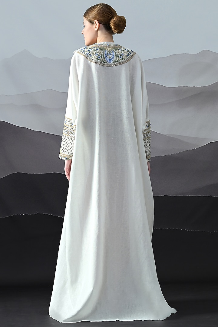 Ivory Linen Silk Embroidered Kaftan by Samant Chauhan at Pernia's Pop Up Shop