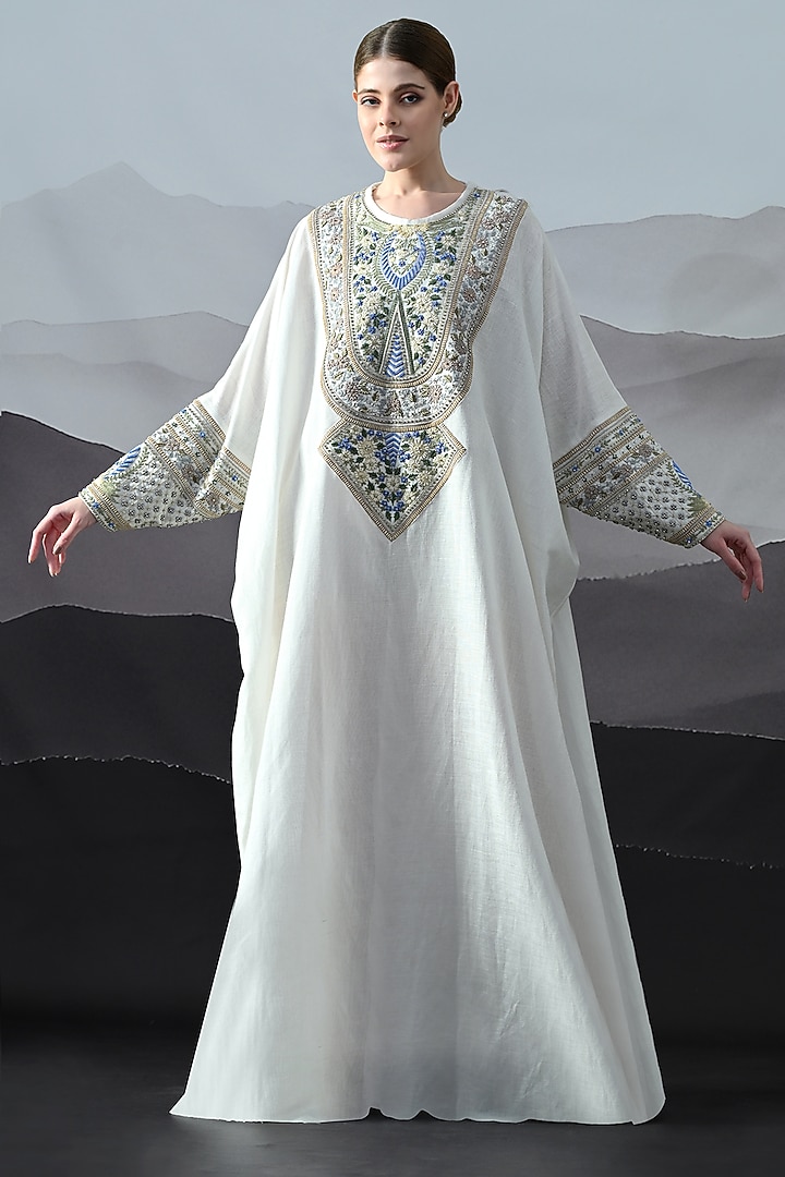 Ivory Linen Silk Embroidered Kaftan by Samant Chauhan at Pernia's Pop Up Shop