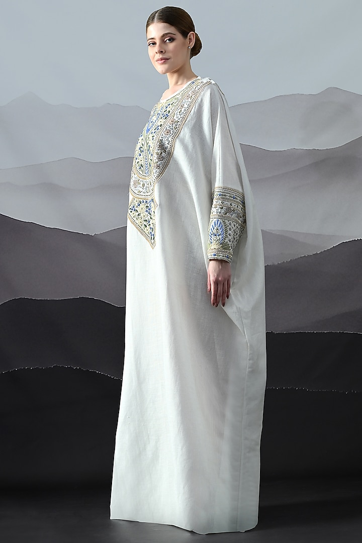Ivory Linen Silk Embroidered Kaftan by Samant Chauhan at Pernia's Pop Up Shop