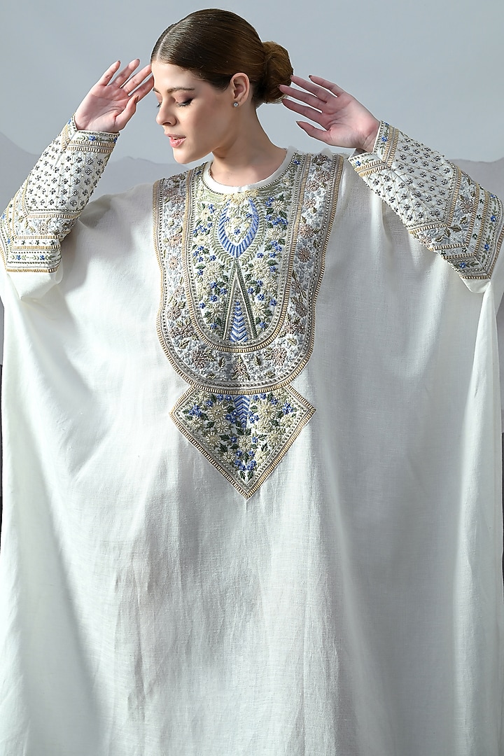 Ivory Linen Silk Embroidered Kaftan by Samant Chauhan at Pernia's Pop Up Shop