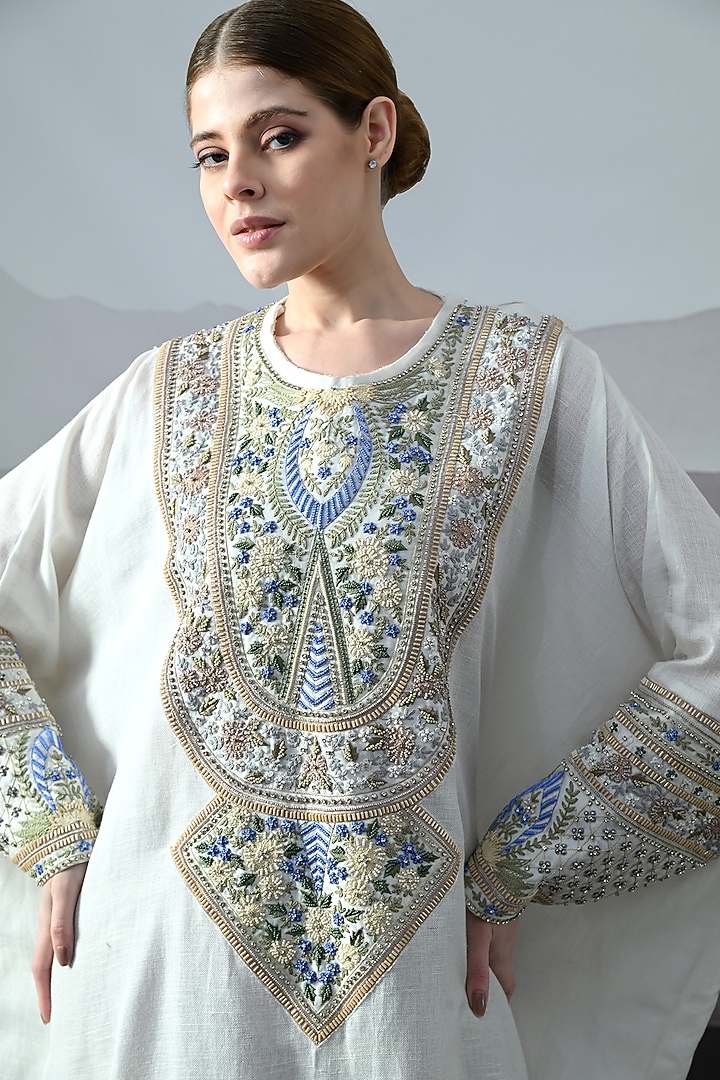 Ivory Linen Silk Embroidered Kaftan by Samant Chauhan at Pernia's Pop Up Shop
