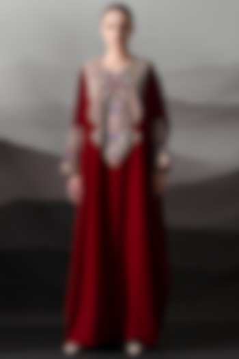 Maroon Linen Silk Embroidered Kaftan by Samant Chauhan at Pernia's Pop Up Shop