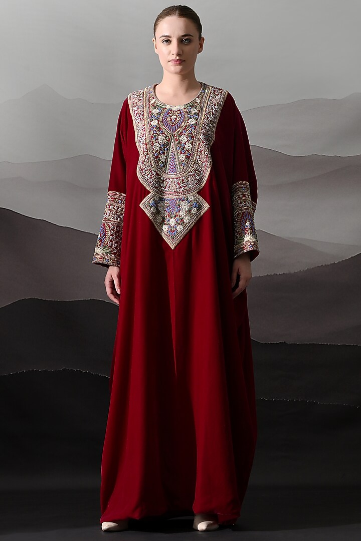 Maroon Linen Silk Embroidered Kaftan by Samant Chauhan at Pernia's Pop Up Shop